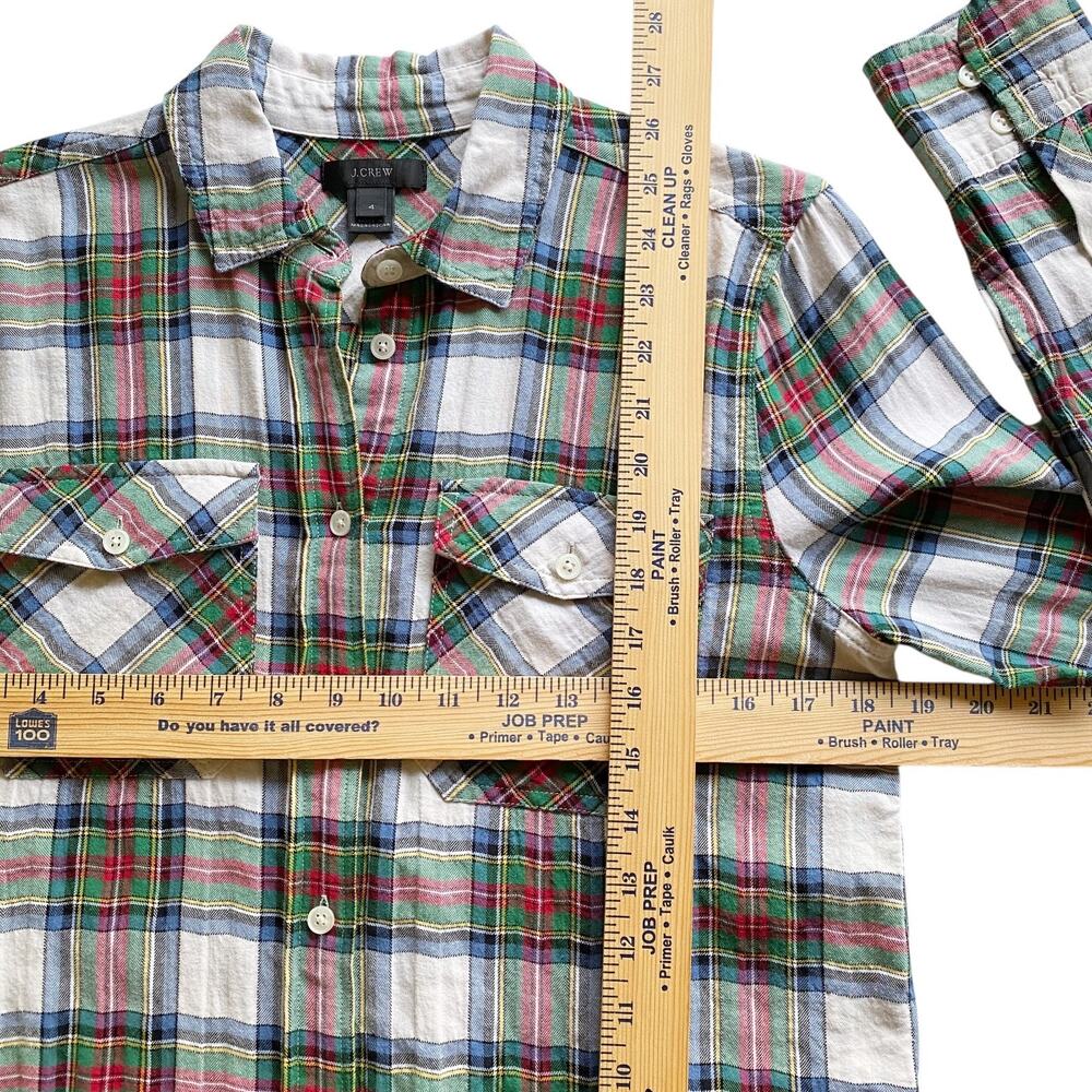 J.Crew Camp Shirt Womens 4 Green Blue Red Plaid Long Sleeve Button Up Pockets - Picture 9 of 9